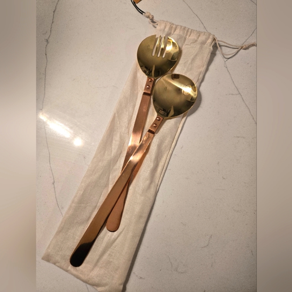 NWT Copper & Brass Salad Servers Set with Drawstring Bag